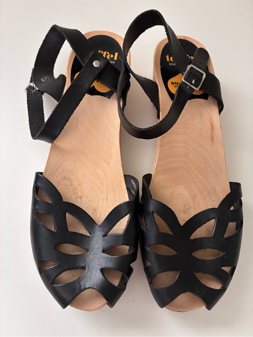 Swedish Hasbeens Black Cutout Leather Ankle-Strap Sandals